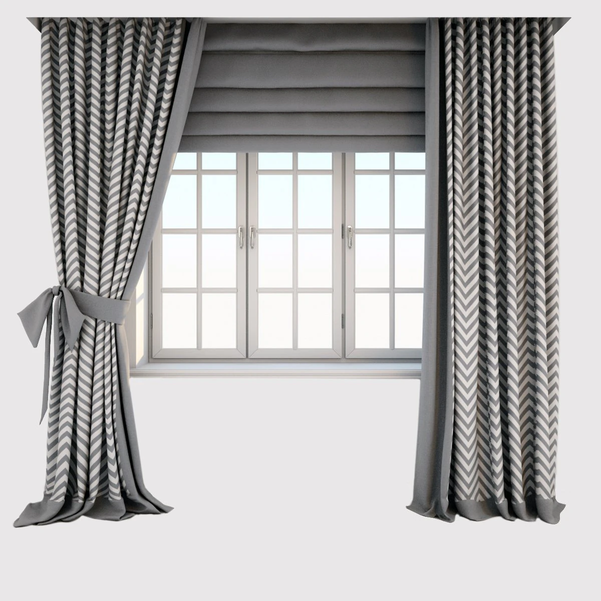 two-color gray-white curtains with zigzag print on the floor straight and with a bow roman blind 3D Model .c4d .max .obj .3ds .fbx .stl .blend 