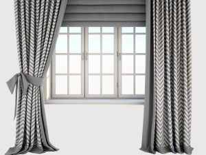 rideaux bicolores gris-blanc avec imprim&eacute; zigzag au sol droits et avec un store romain &agrave; n&oelig;ud Modèle 3D