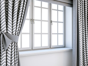 two-color gray-white curtains with zigzag print on the floor straight and with a bow roman blind 3D Model