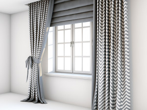 two-color gray-white curtains with zigzag print on the floor straight and with a bow roman blind 3D Model