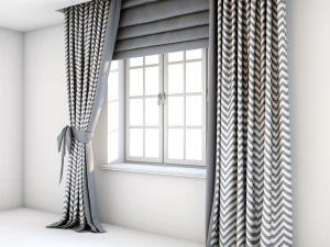 two-color gray-white curtains with zigzag print on the floor straight and with a bow roman blind 3D Model