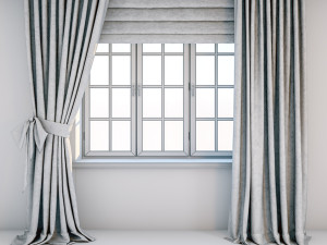 two-color gray-white curtains with zigzag print on the floor straight and with a bow roman blind 3D Model