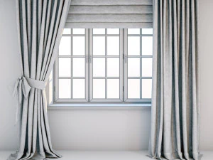 two-color gray-white curtains with zigzag print on the floor straight and with a bow roman blind 3D Model