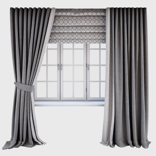 grey curtains straight to the floor and catch it a roman blind with a quatrefoil pattern 3D Model .c4d .max .obj .3ds .fbx .stl .blend 