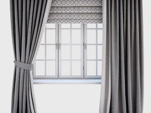 grijze gordijnen recht op de vloer en vang er een vouwgordijn met een vierpasmotief op 3D Model