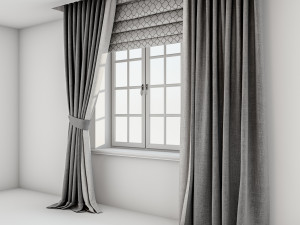 grey curtains straight to the floor and catch it a roman blind with a quatrefoil pattern 3D Model