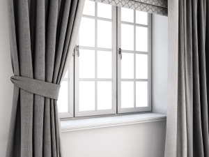 grey curtains straight to the floor and catch it a roman blind with a quatrefoil pattern 3D Model