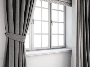 grey curtains straight to the floor and catch it a roman blind with a quatrefoil pattern 3D Model