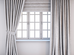 grey curtains straight to the floor and catch it a roman blind with a quatrefoil pattern 3D Model
