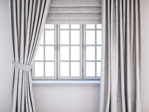 grey curtains straight to the floor and catch it a roman blind with a quatrefoil pattern 3D Model