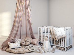 cozy set for children with canopy baby bed ikea gulliver and fluffy rabbit 3D Model