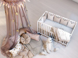 cozy set for children with canopy baby bed ikea gulliver and fluffy rabbit 3D Model