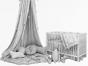cozy set for children with canopy baby bed ikea gulliver and fluffy rabbit 3D Model