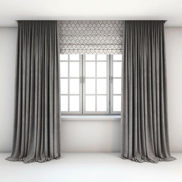 two-tone grey curtains straight to the floor roman blind with a quatrefoil pattern and the window Modelo 3D .c4d .max .obj .3ds .fbx .stl .blend 