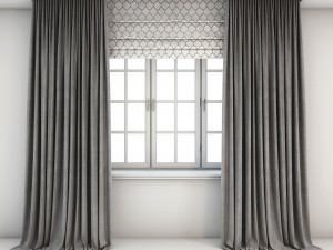 two-tone grey curtains straight to the floor roman blind with a quatrefoil pattern and the window 3D Model