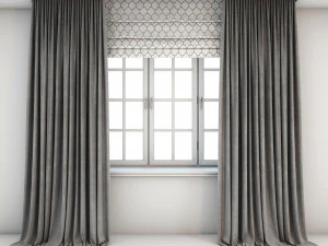 tweekleurige grijze gordijnen recht tot op de vloer vouwgordijn met een vierpasmotief en het raam 3D Model