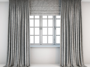 two-tone grey curtains straight to the floor roman blind with a quatrefoil pattern and the window Modelo 3D