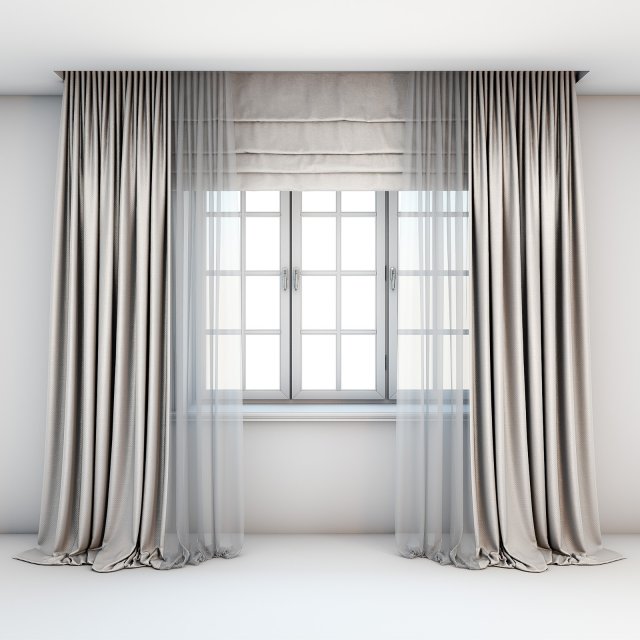 light beige curtains straight to the floor with a tulle-trimmed roman blinds and window layouts 3D-Modell .c4d .max .obj .3ds .fbx .stl .blend 