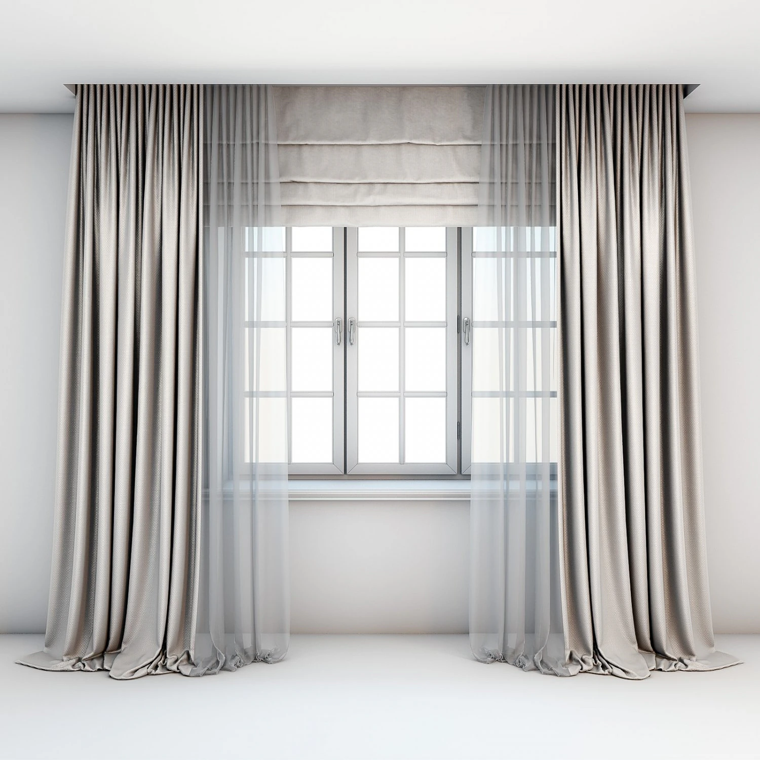light beige curtains straight to the floor with a tulle-trimmed roman blinds and window layouts 3D Model .c4d .max .obj .3ds .fbx .stl .blend