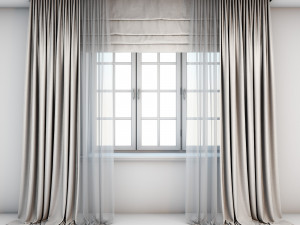 light beige curtains straight to the floor with a tulle-trimmed roman blinds and window layouts 3D Model