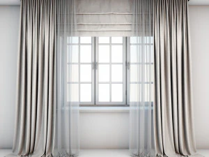 cortinas bege claro direto para o ch&atilde;o com persianas romanas com acabamento em tule e layouts de janelas Modelo 3D