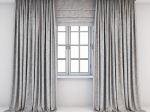 light beige curtains straight to the floor with a tulle-trimmed roman blinds and window layouts 3D-Modell