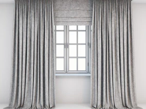 light beige curtains straight to the floor with a tulle-trimmed roman blinds and window layouts 3D Model