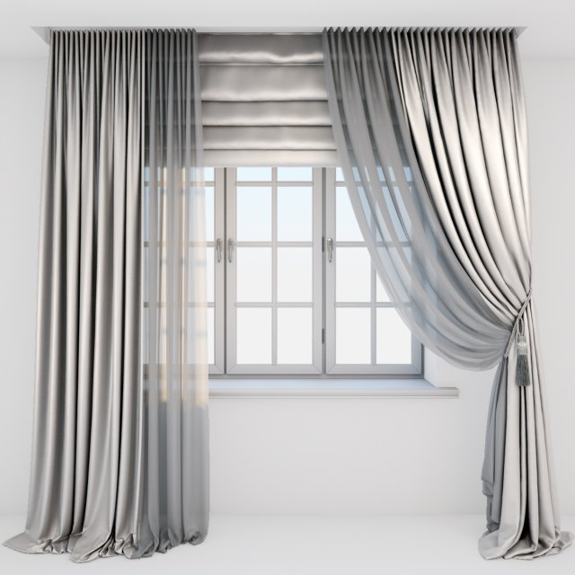 light beige silk curtains on the floor straight and with a pick-up brush tulle roman blind window 3D Модель .c4d .max .obj .3ds .fbx .stl .blend 