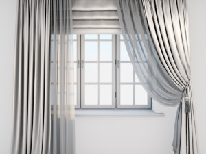 light beige silk curtains on the floor straight and with a pick-up brush tulle roman blind window 3D Model