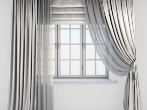 açık bej ipek perdeler düz ve bir pikap fırçası ile zeminde tül roma kör pencere 3D Model