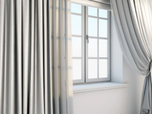 light beige silk curtains on the floor straight and with a pick-up brush tulle roman blind window 3D Model
