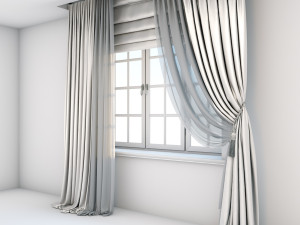 light beige silk curtains on the floor straight and with a pick-up brush tulle roman blind window 3D Модель