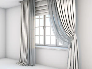 light beige silk curtains on the floor straight and with a pick-up brush tulle roman blind window 3D Model