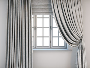 light beige silk curtains on the floor straight and with a pick-up brush tulle roman blind window 3D Модель
