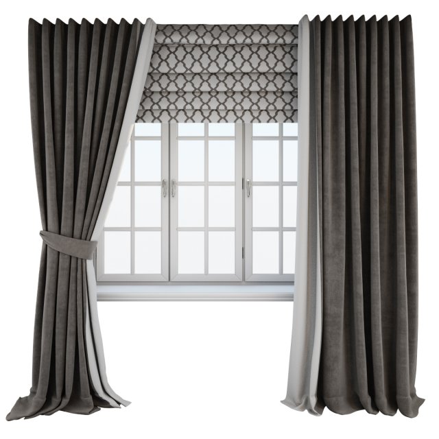 dark brown floor-length curtains straight and with a tieback roman curtain with a geometric pattern 3D-Modell .c4d .max .obj .3ds .fbx .stl .blend 