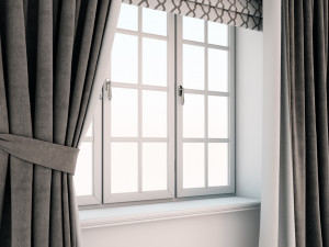 dark brown floor-length curtains straight and with a tieback roman curtain with a geometric pattern 3D-Modell