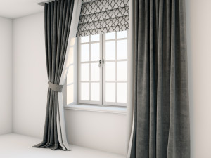 dark brown floor-length curtains straight and with a tieback roman curtain with a geometric pattern 3D-Modell