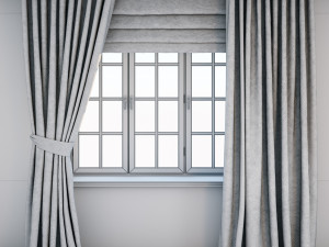 dark brown floor-length curtains straight and with a tieback roman curtain with a geometric pattern 3D-Modell