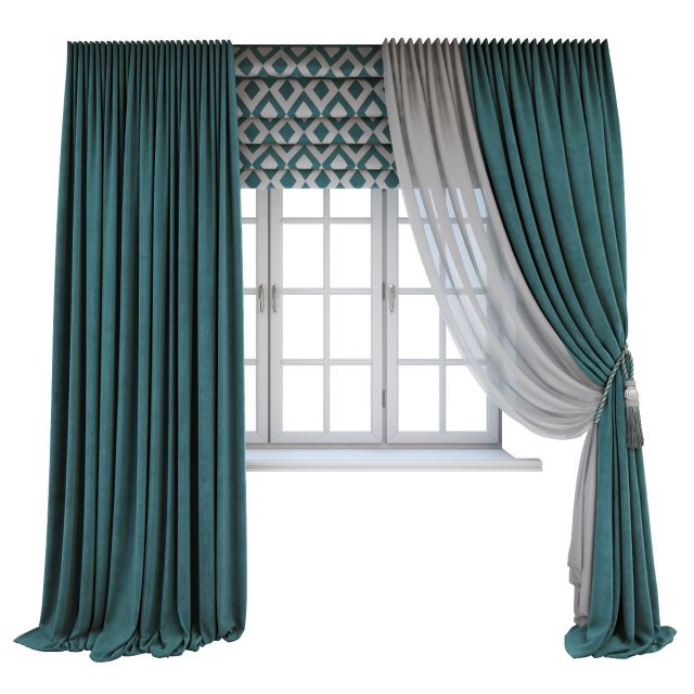 turquoise curtains a roman shade with a geometric pattern and the window layouts 3D Model .c4d .max .obj .3ds .fbx .stl .blend 