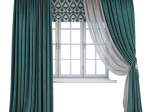 turquoise curtains a roman shade with a geometric pattern and the window layouts 3D Model