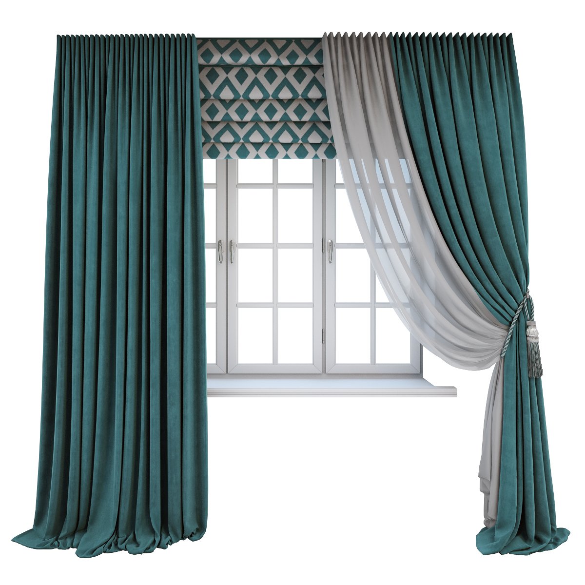 Turquoise Curtains A Roman Shade With A Geometric Pattern And The