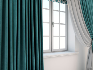 turquoise curtains a roman shade with a geometric pattern and the window layouts 3D Model