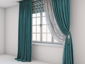 turquoise curtains a roman shade with a geometric pattern and the window layouts 3D Model