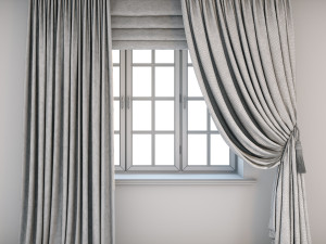 turquoise curtains a roman shade with a geometric pattern and the window layouts 3D Model