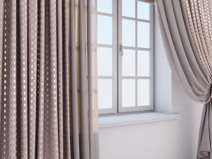 pink velour curtains with a gold print in polka dots roman curtains with a geometric zigzag pattern 3D Model
