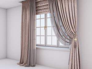 pink velour curtains with a gold print in polka dots roman curtains with a geometric zigzag pattern 3D Model