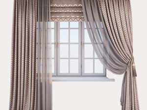 pink velour curtains with a gold print in polka dots roman curtains with a geometric zigzag pattern 3D Model