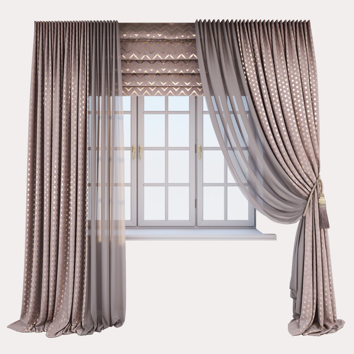Pink velour curtains with a gold print in polka dots Roman curtains