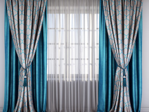 straight blue velour curtains on the floor in turquoise tones satin gray curtains 3D Model
