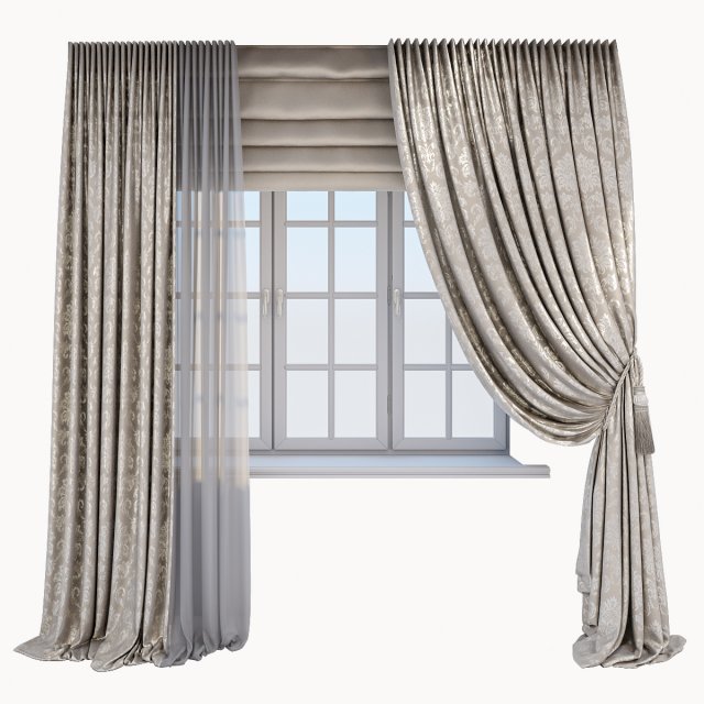 classic beige curtain with a damasc pattern a roman blind and window 3D 模型 .c4d .max .obj .3ds .fbx .stl .blend 